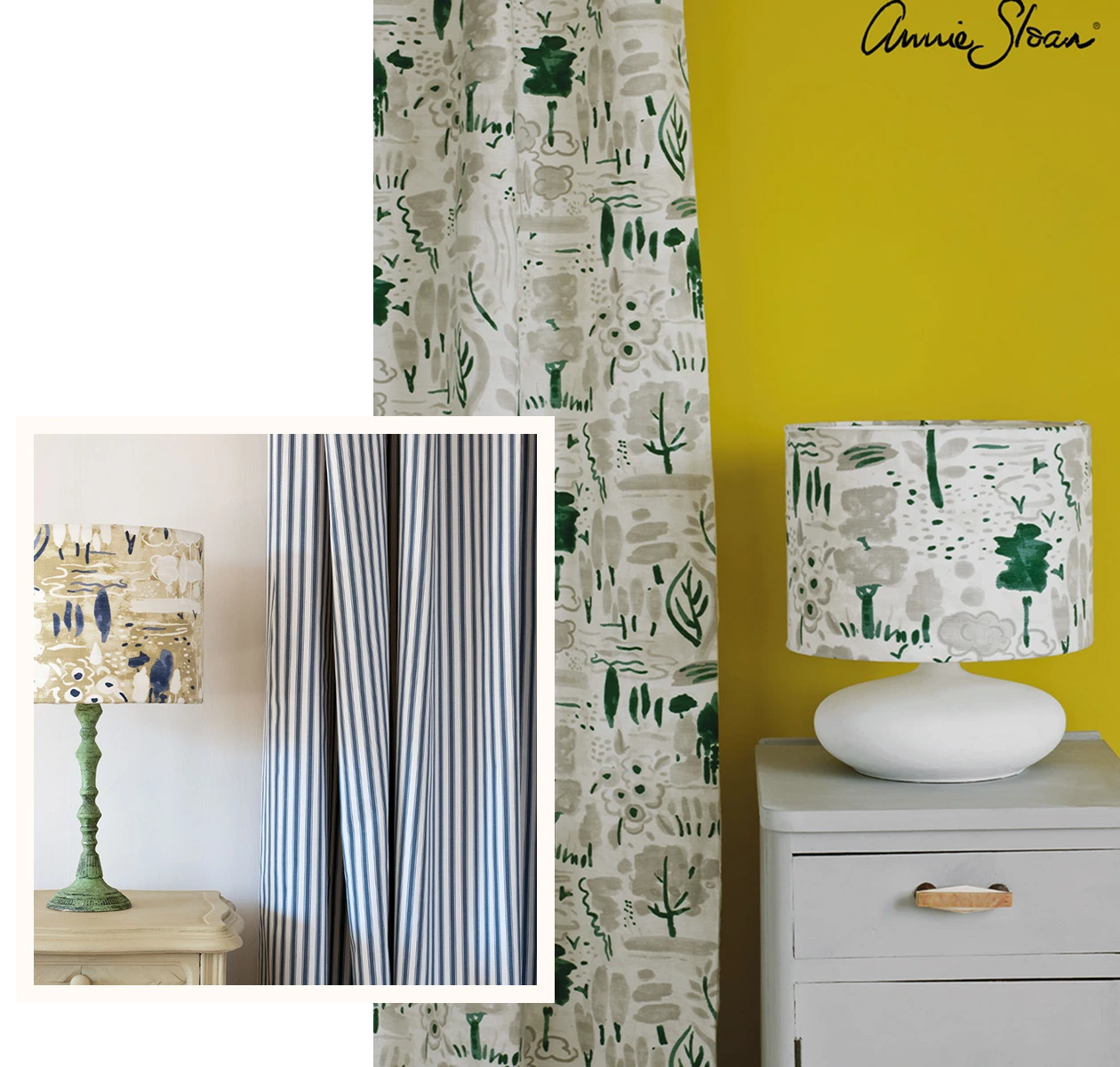 Nature-themed bedroom with animal print wallpaper and matching lampshade.