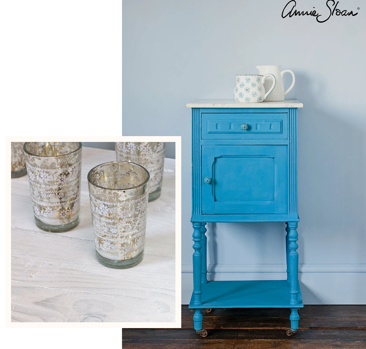 Blue vintage nightstand with distressed finish and two rustic candle holders.