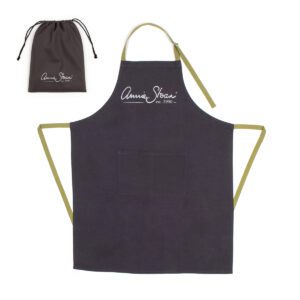 Black apron with gold straps and a matching pouch.